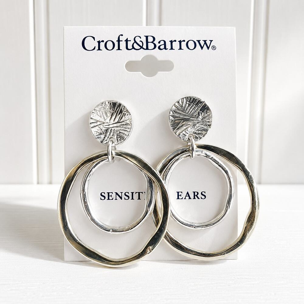 Croft & Barrow Sensitive Ears Earrings Silver Tone Double Circle Dangle NWT